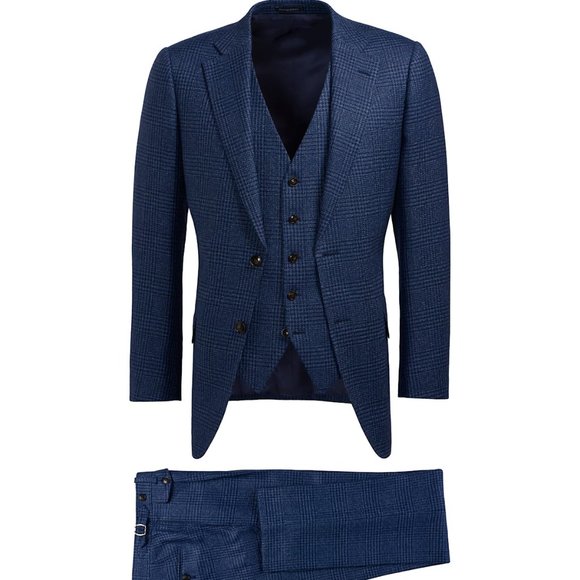 SuitSupply Mid Blue Check Lazio SuitWool Linen 3 Piece